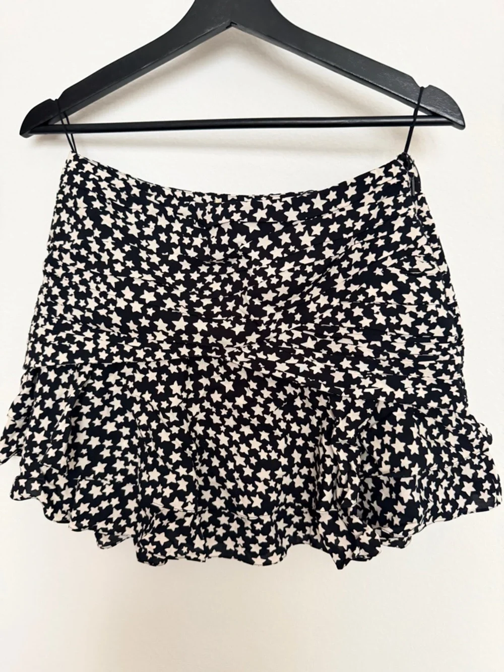 Saint Laurent Black Mini Skirt with White Star Print and Ruffle Hem - Picture 8 of 9